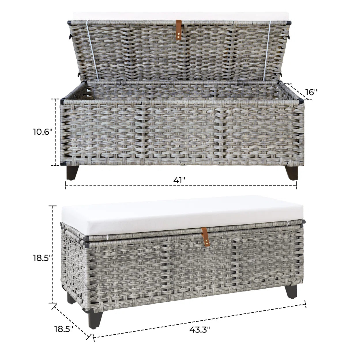 Gray wicker storage bench with flip-top hidden compartment and open shelf for display - WELL ZONE