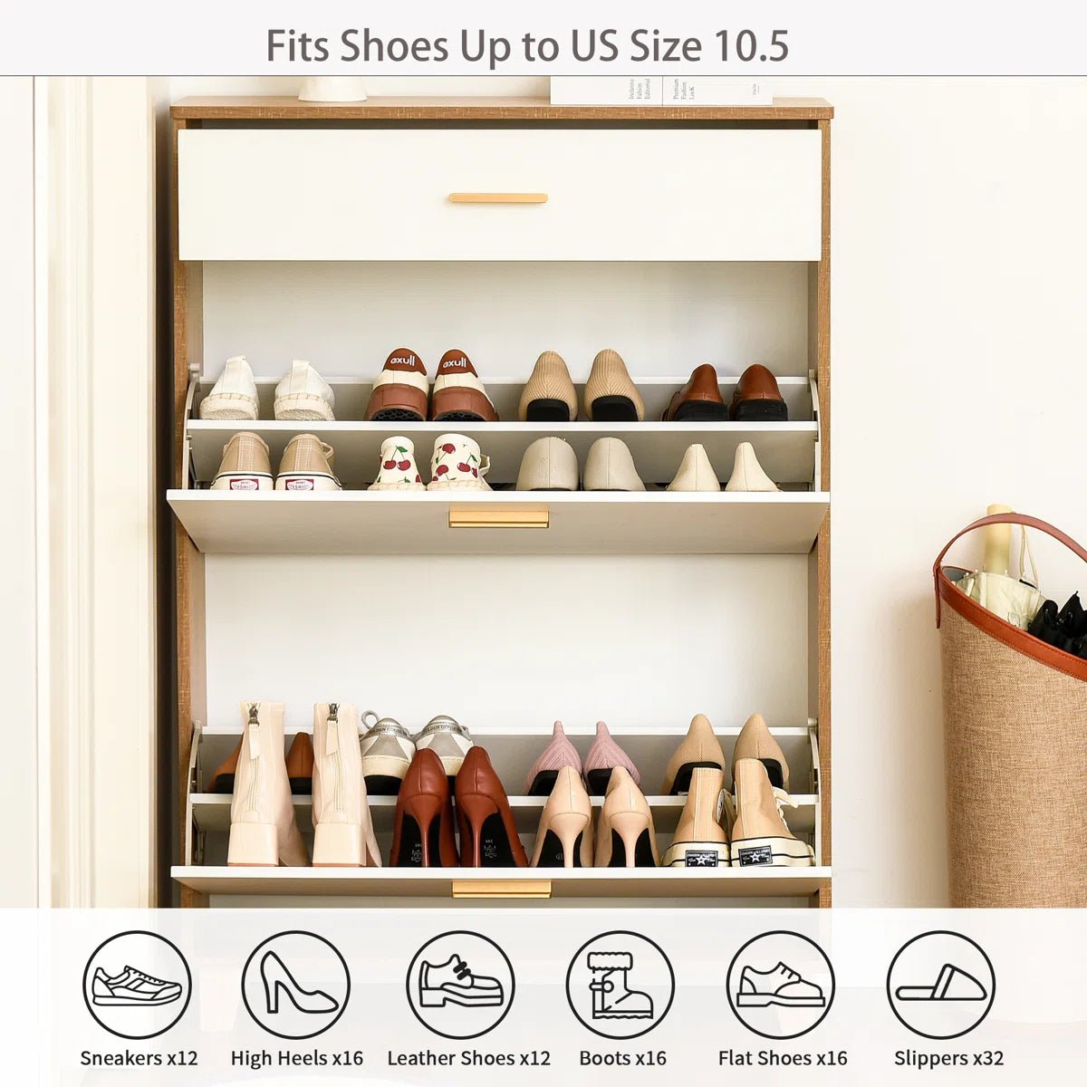 16 Pair Shoe Storage Cabinet Fit for US Size 10.5 - White/SW9709ALWN