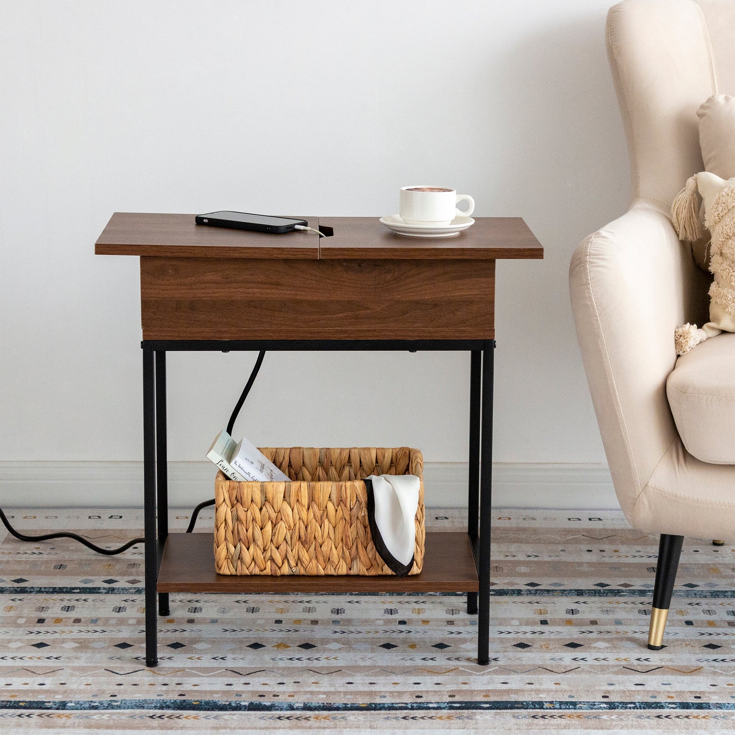 Industrial End Table with Charging Station – USB Ports & Power Outlet, Rustic Wood & Metal Design - WELL ZONE