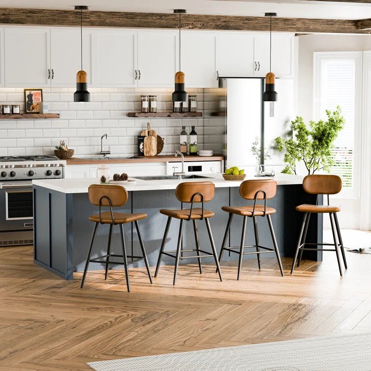 26.75" Leather Counter & Bar Stool with Large Seat and Back (Set of 2) - Brown/SW9804ALOGQ2