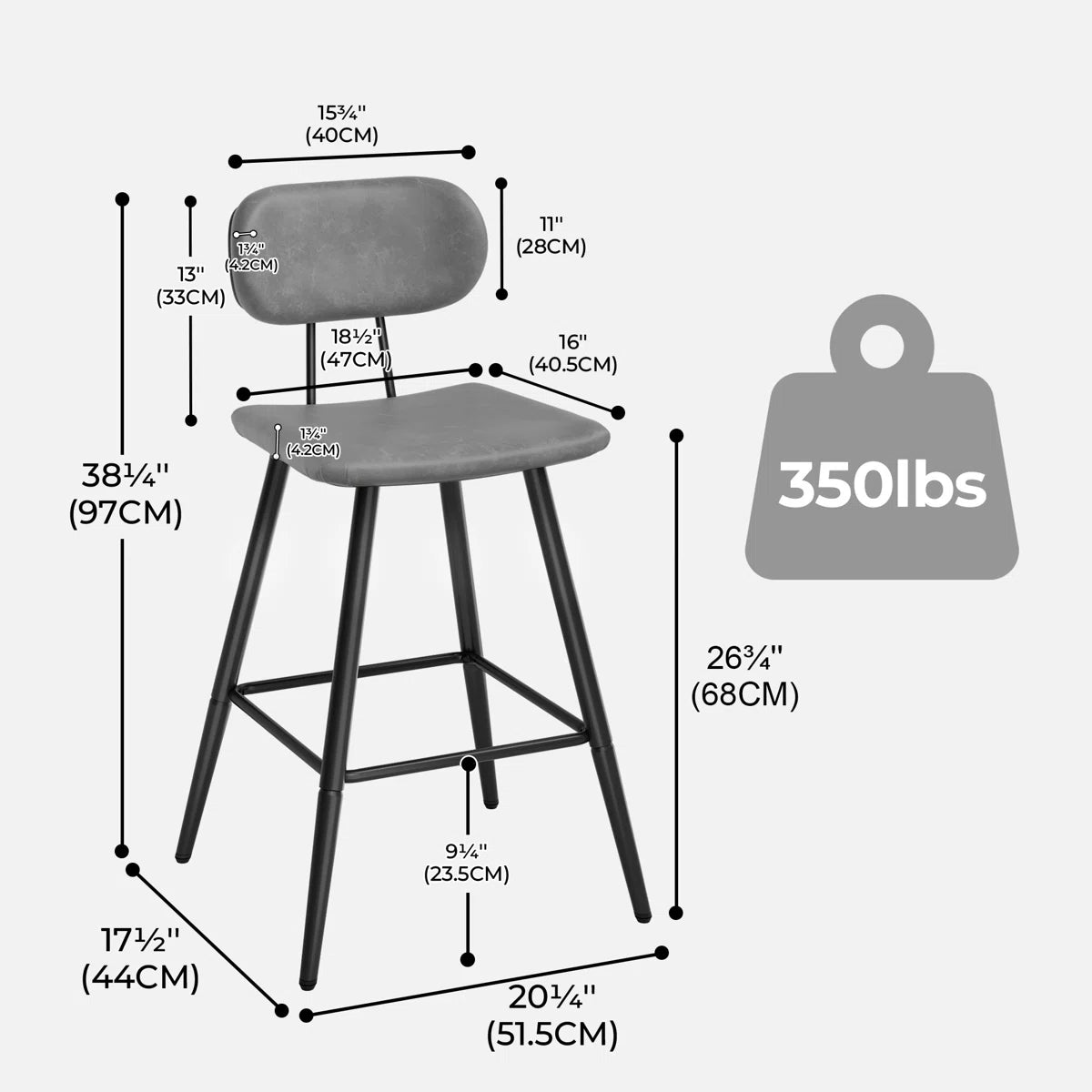 26.75" Leather Counter & Bar Stool with Large Seat and Back (Set of 2) - Gray/