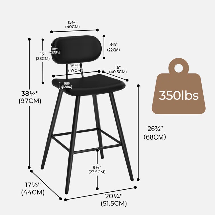 26.75" Leather Counter & Bar Stool with Large Seat and Back (Set of 2) - Black/SW9804ALKAQ2
