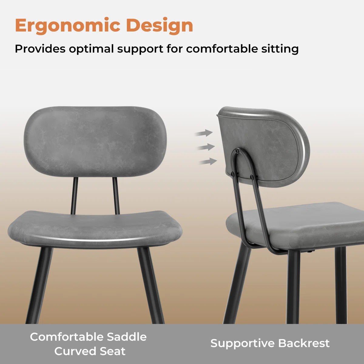 26.75" Leather Counter & Bar Stool with Large Seat and Back (Set of 2) - Gray/