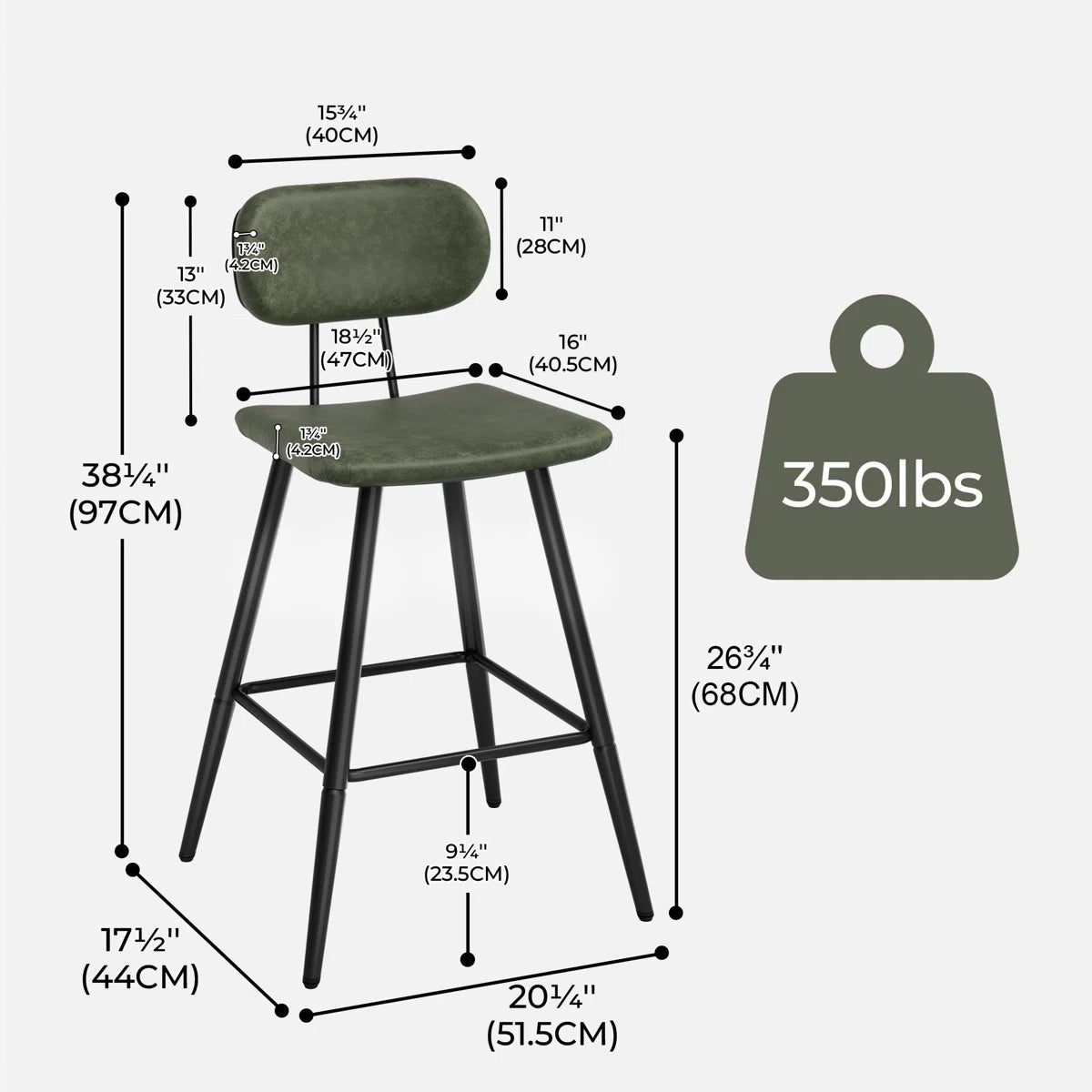 26.75" Leather Counter & Bar Stool with Large Seat and Back (Set of 2) - Gray/