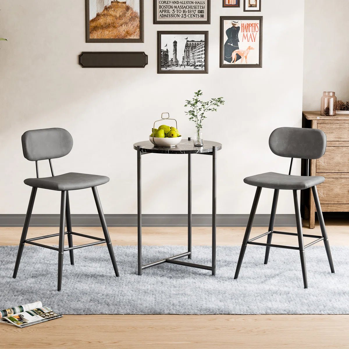 26.75" Leather Counter & Bar Stool with Large Seat and Back (Set of 2) - Gray/