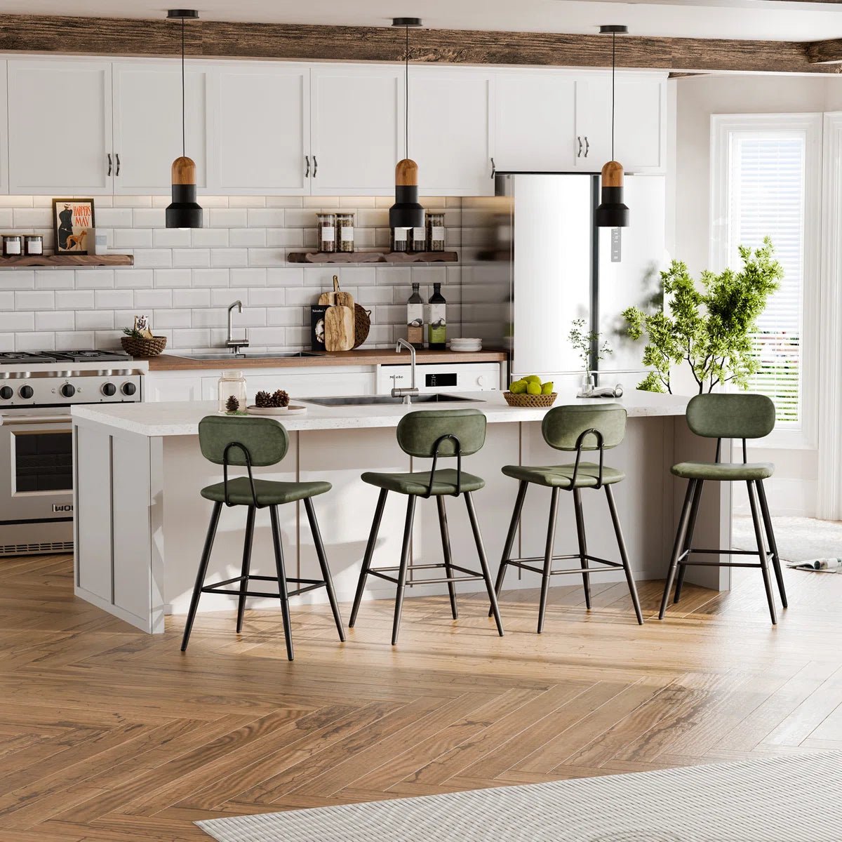 26.75" Leather Counter & Bar Stool with Large Seat and Back (Set of 2) - Gray/