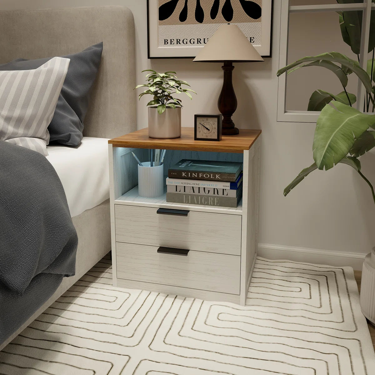LED Wood Nightstand with 2 Drawers - White/SW9707ALWT