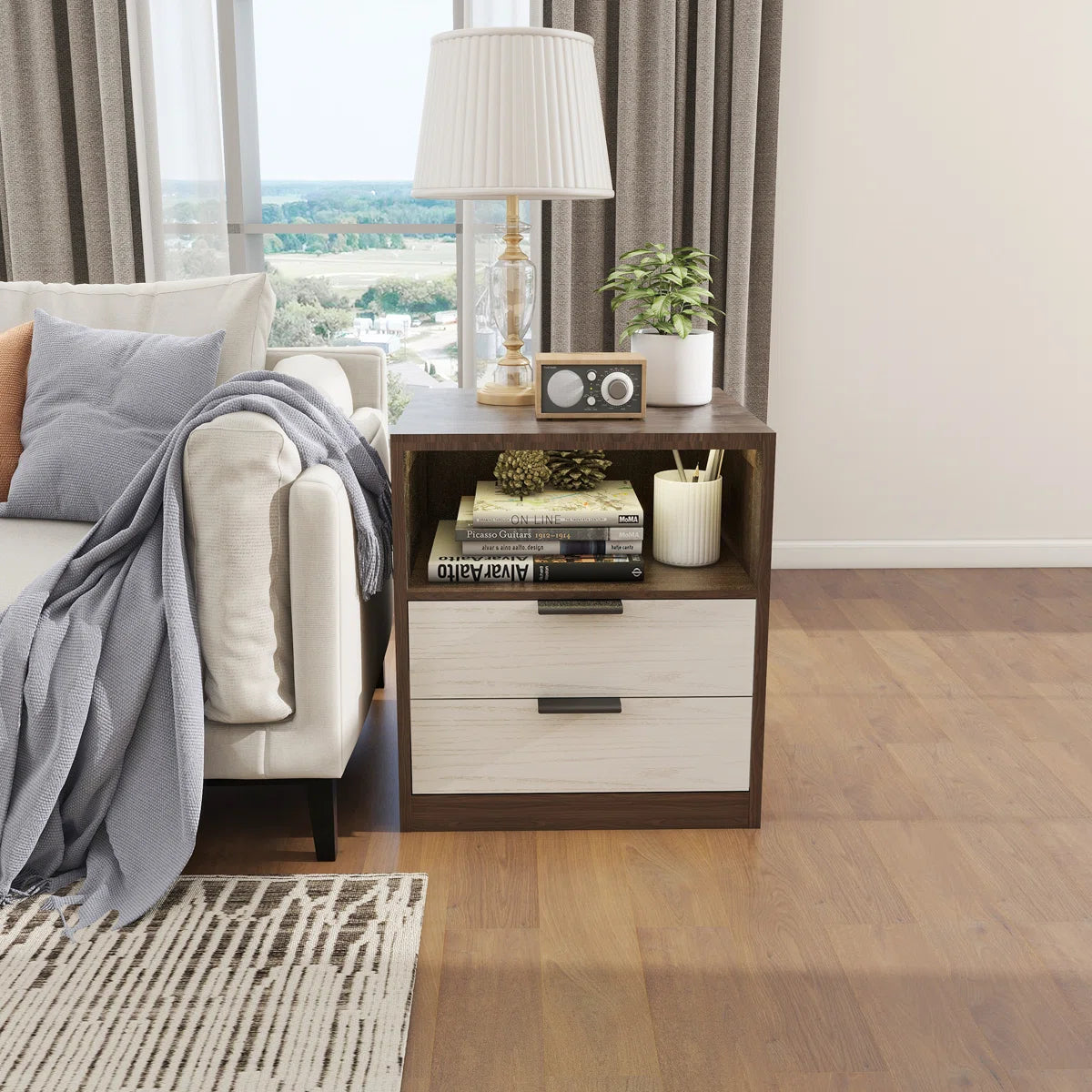 LED Wood Nightstand with 2 Drawers - Black/SW9707ALNH