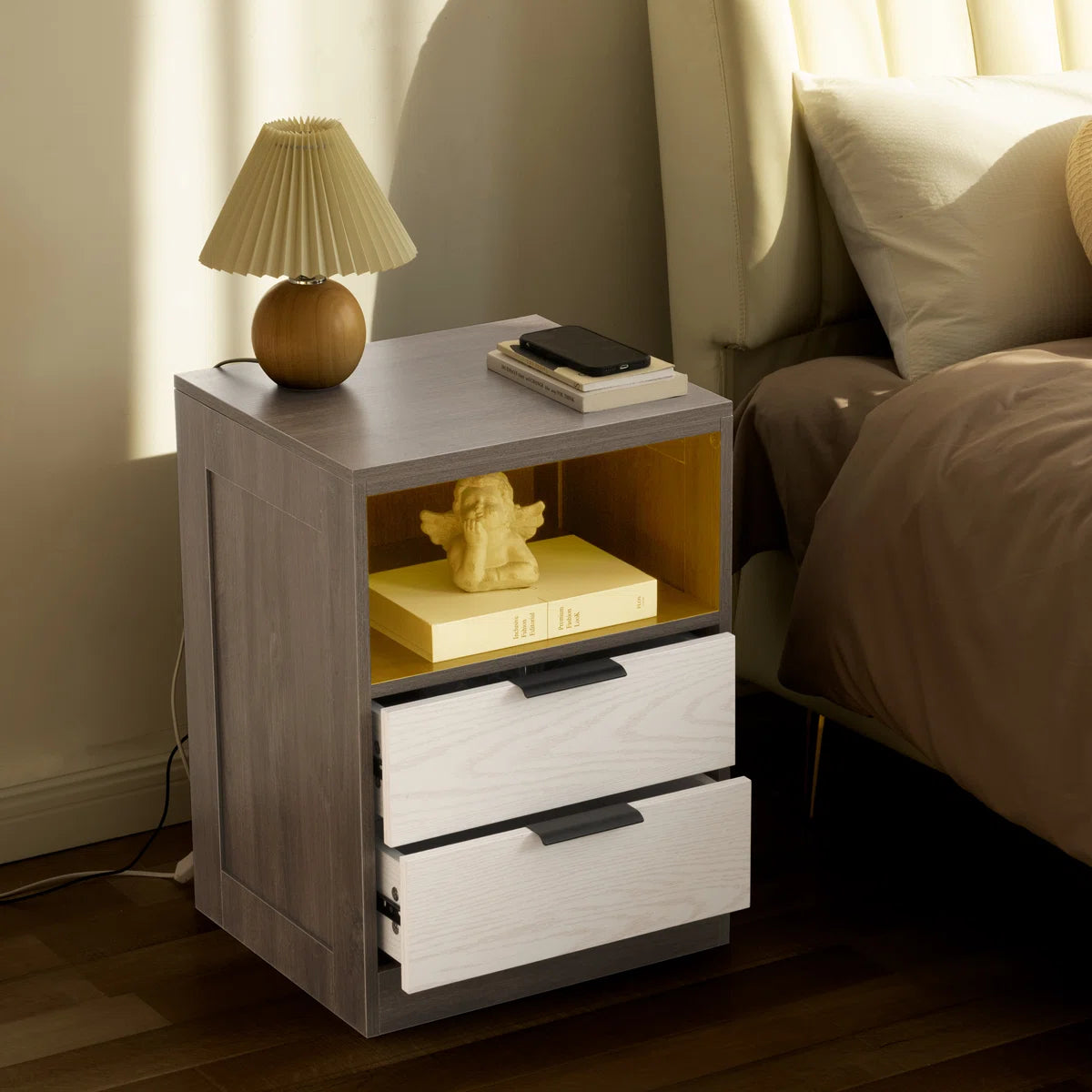 LED Wood Nightstand with 2 Drawers - Black/SW9707ALNH