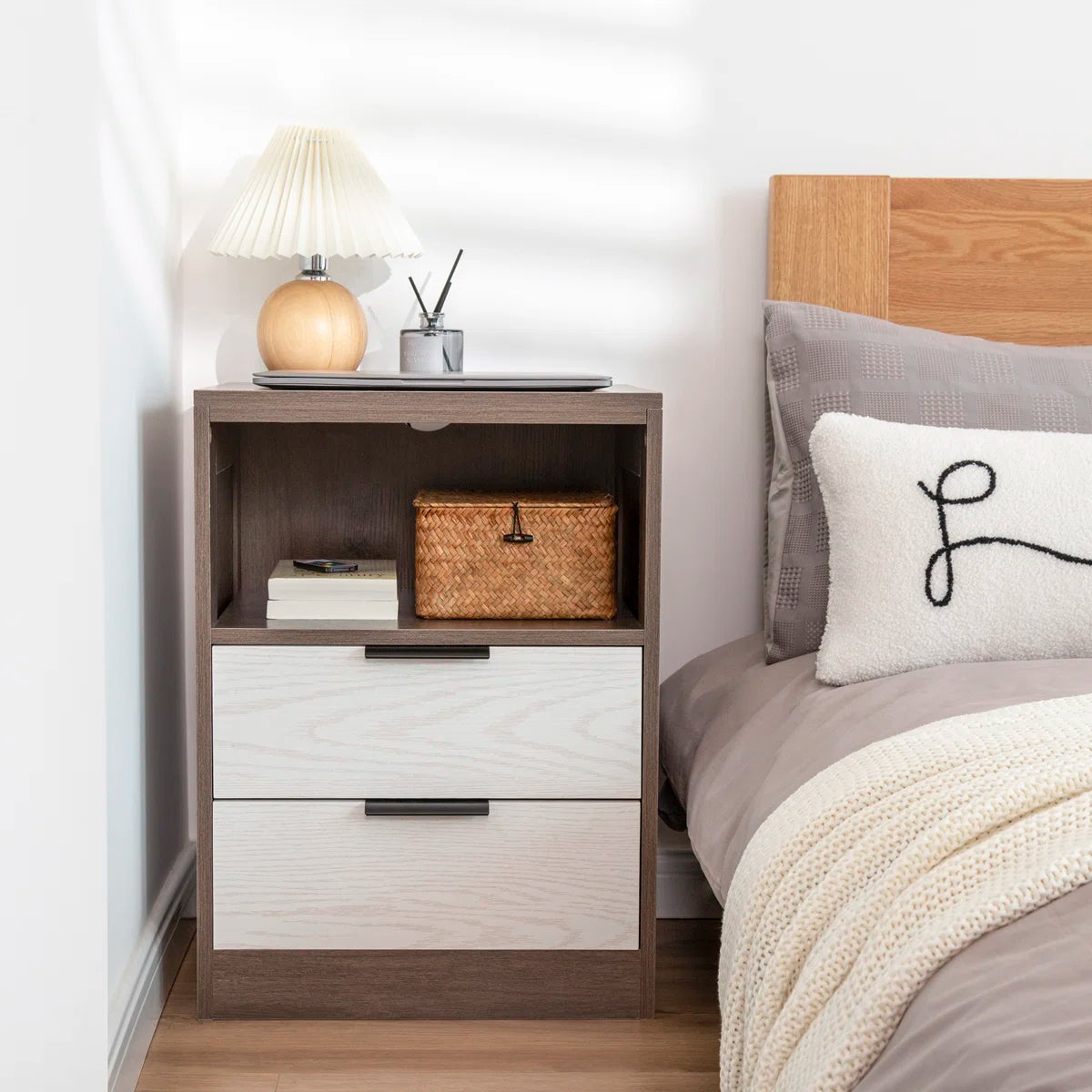LED Wood Nightstand with 2 Drawers - Black/SW9707ALNH