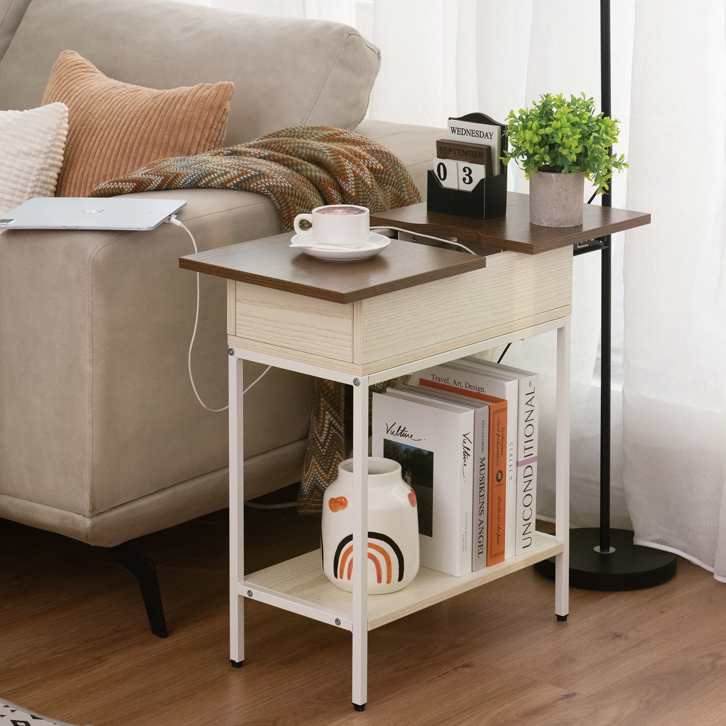 Industrial End Table with Charging Station – USB Ports & Power Outlet, Rustic Wood & Metal Design - WELL ZONE