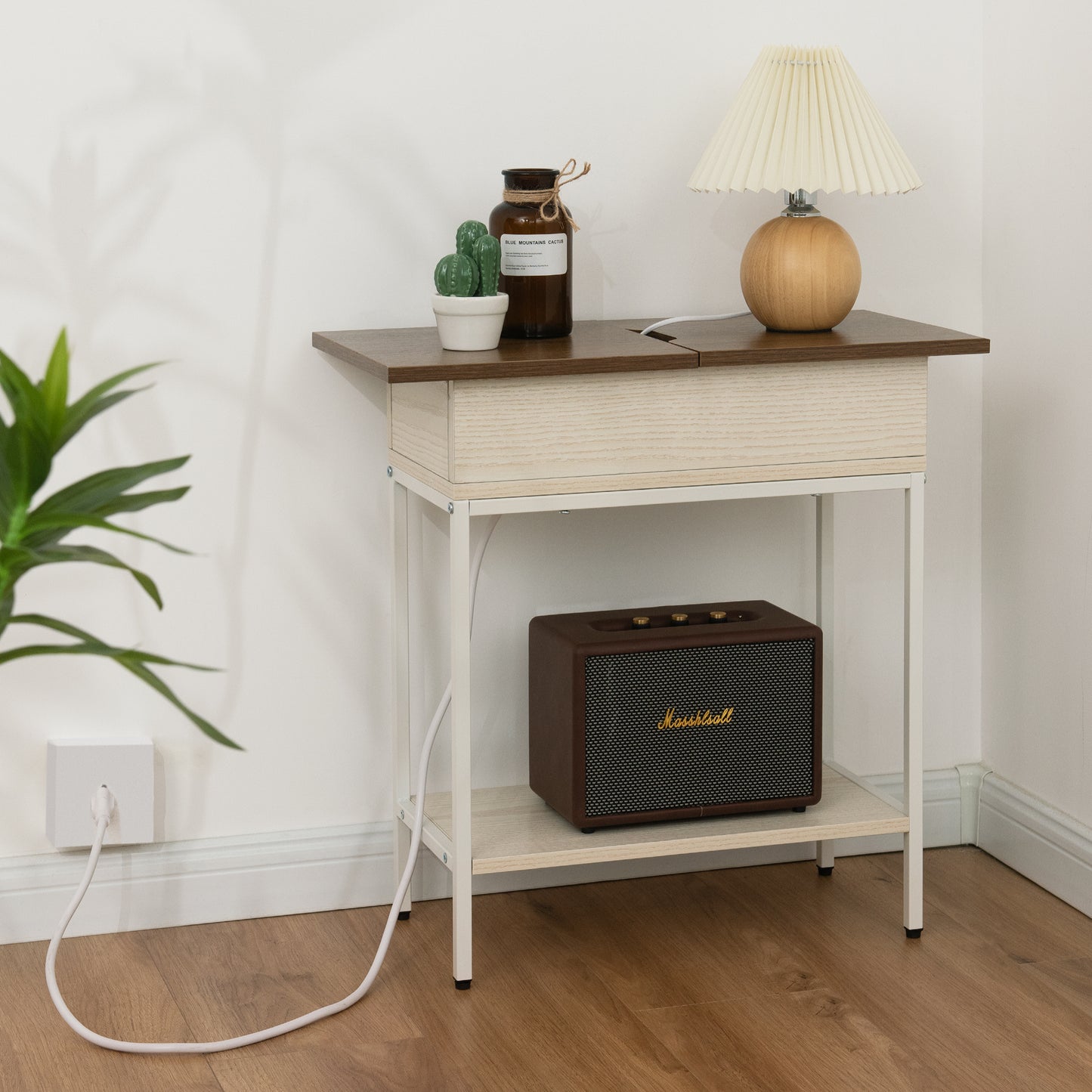 Industrial End Table with Charging Station – USB Ports & Power Outlet, Rustic Wood & Metal Design - WELL ZONE