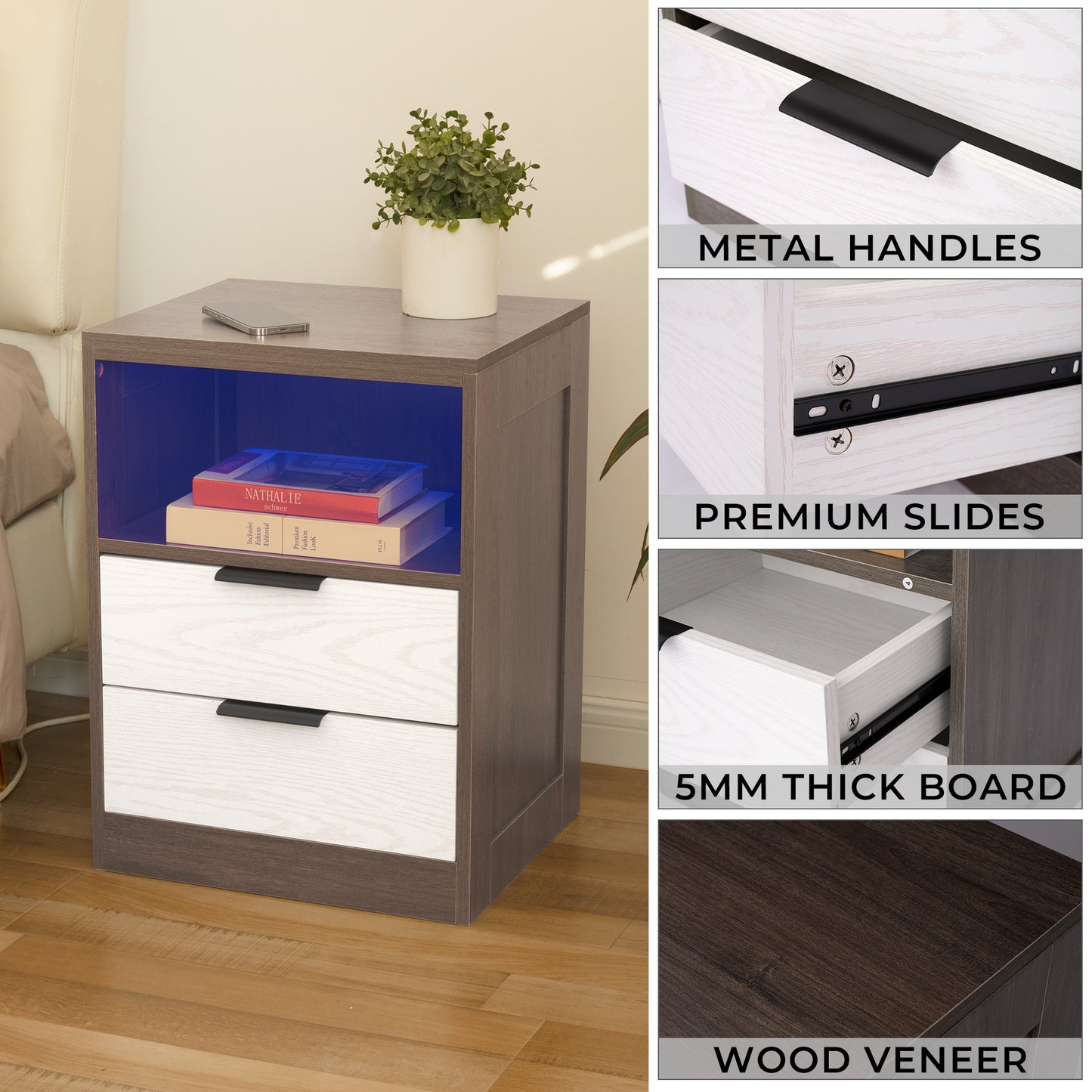 LED Wood Nightstand with 2 Drawers - Black/SW9707ALNH