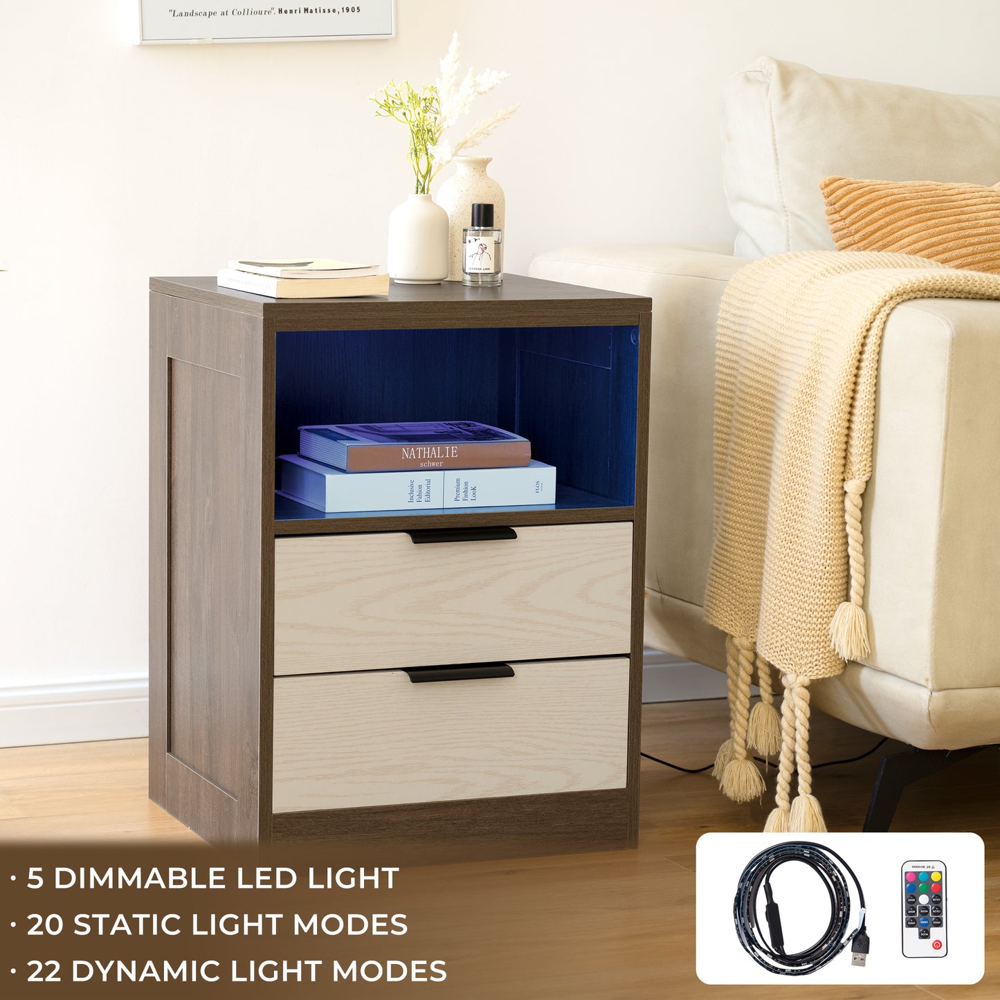 LED Wood Nightstand with 2 Drawers - Black/SW9707ALNH