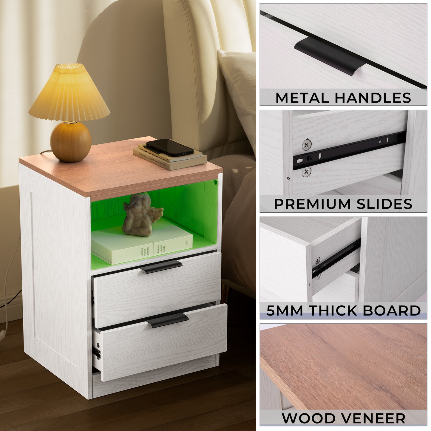LED Wood Nightstand with 2 Drawers - White/SW9707ALWT