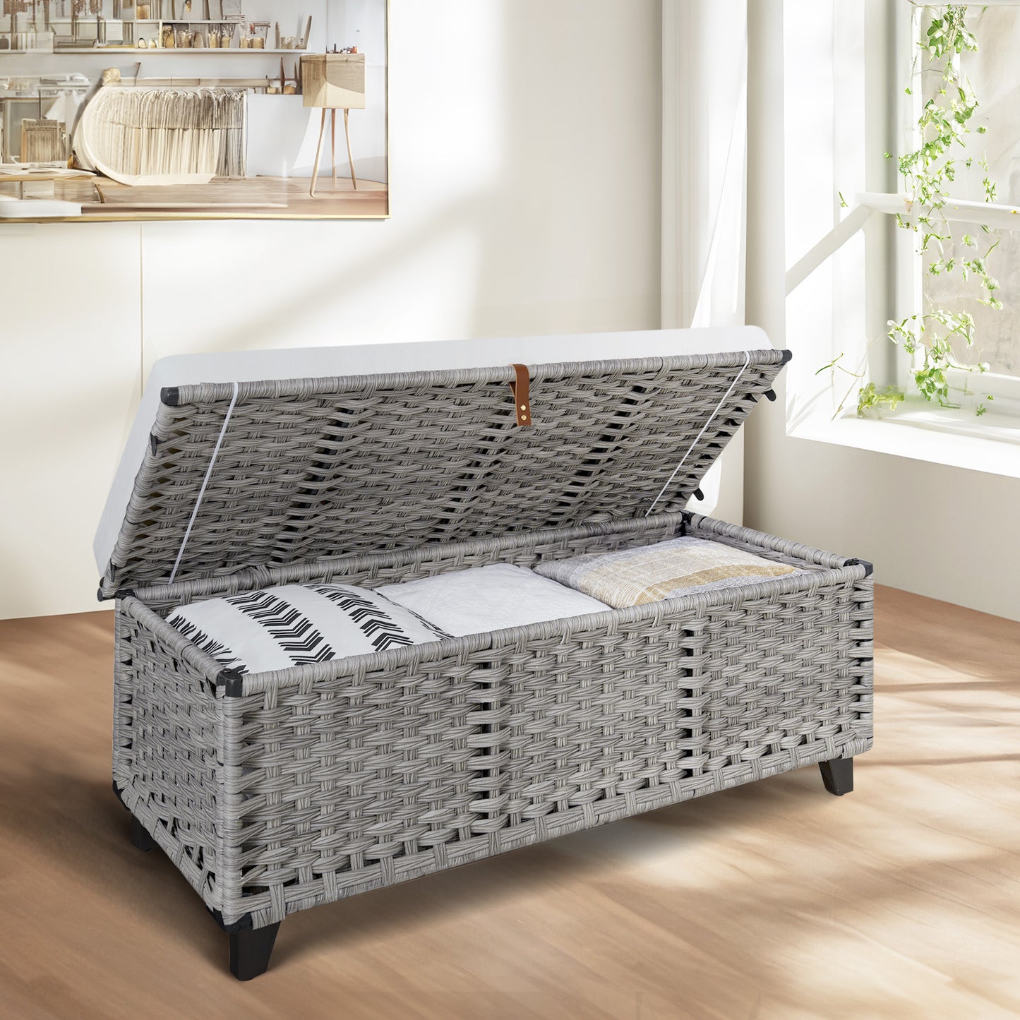 Gray wicker storage bench with flip-top hidden compartment and open shelf for display - WELL ZONE