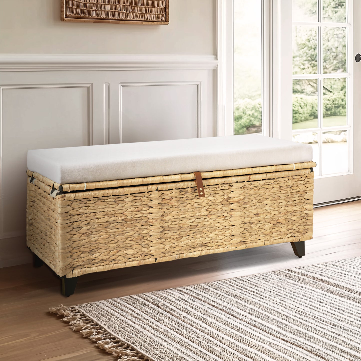 Wicker Upholstered Bench with Storage - WELL ZONE
