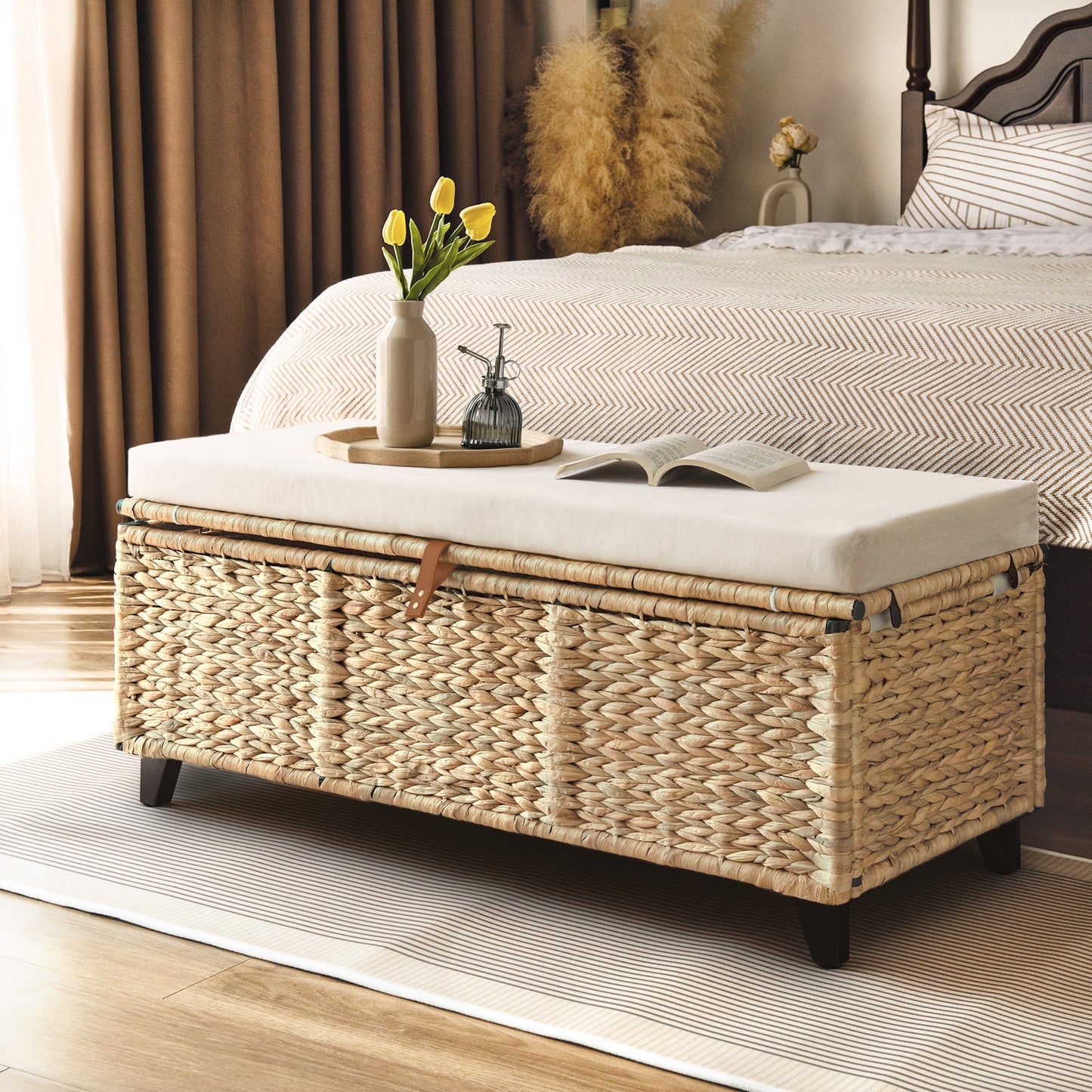 Wicker Upholstered Bench with Storage - WELL ZONE