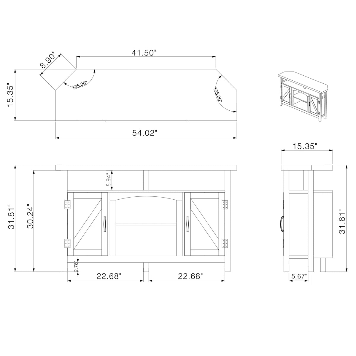 Farmhouse Corner TV Stand with USB Ports and Outlet Fit for TVs up to 60" - White/SW9702AJWR