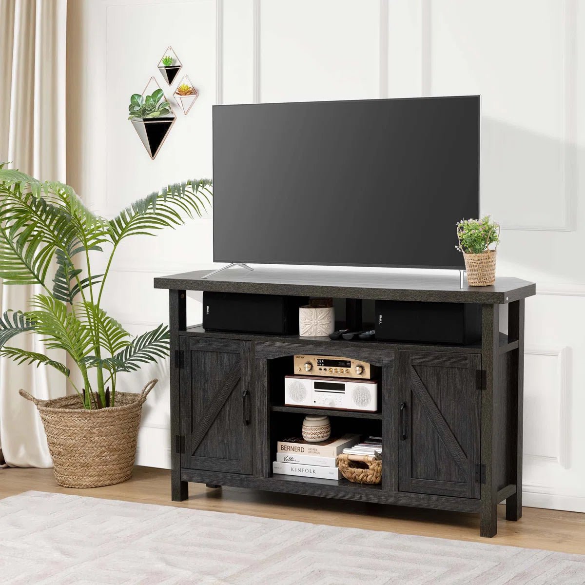 Farmhouse Corner TV Stand with USB Ports and Outlet Fit for TVs up to 60" - Black/SW9702AJEE