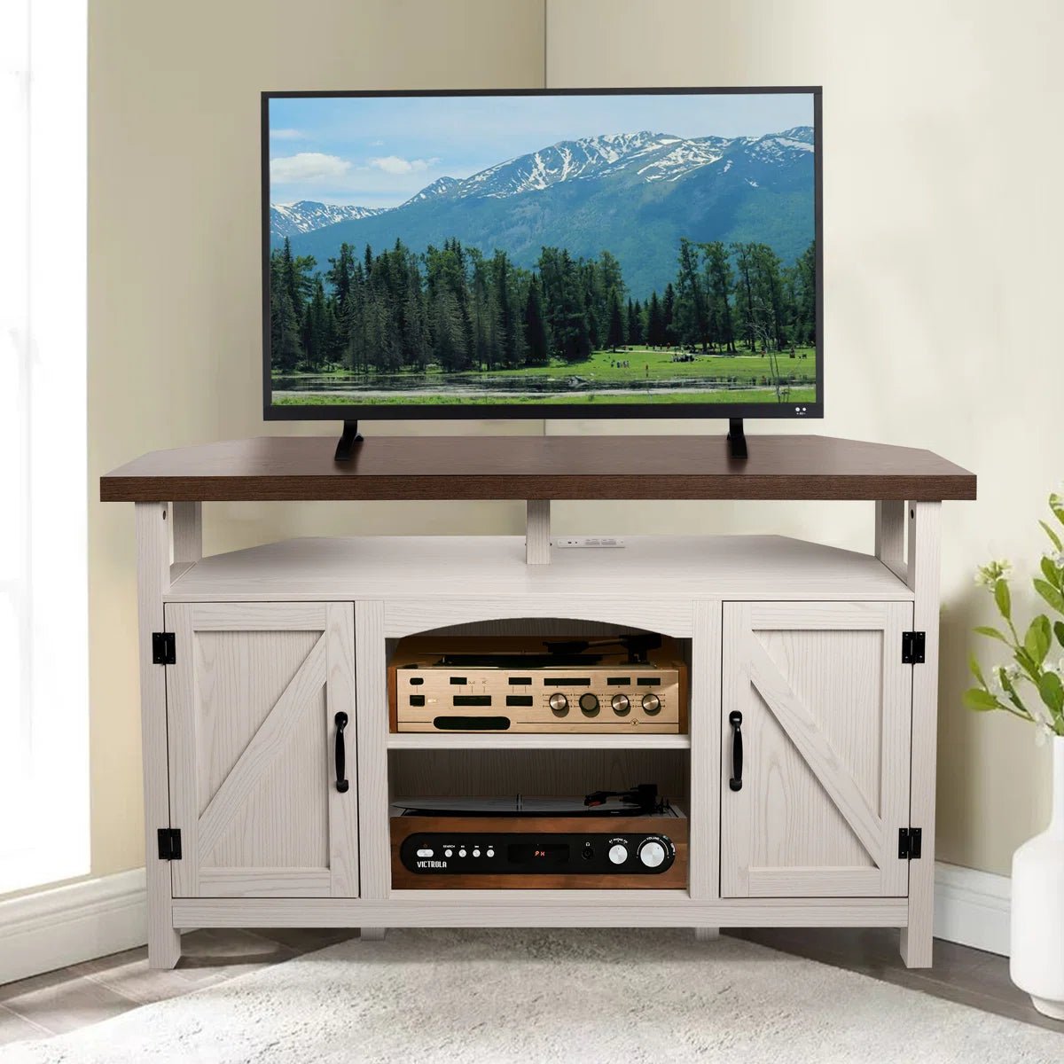 Farmhouse Corner TV Stand with USB Ports and Outlet Fit for TVs up to 60" - White/SW9702AJWR