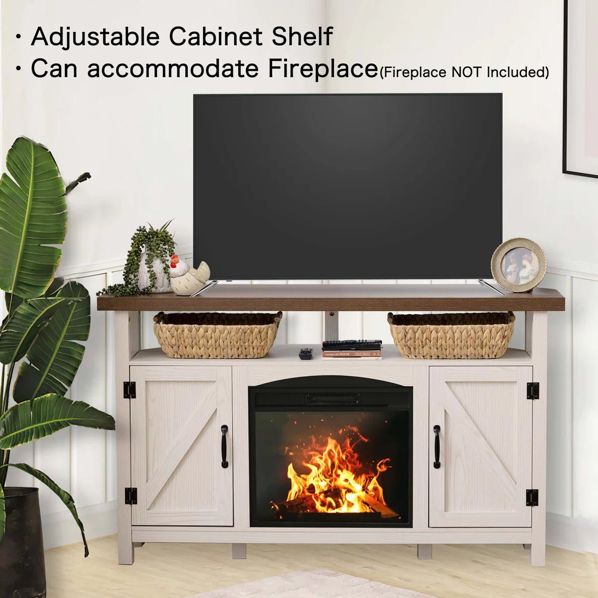 Farmhouse Corner TV Stand with USB Ports and Outlet Fit for TVs up to 60" - White/SW9702AJWR