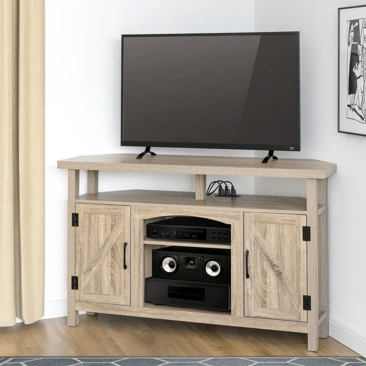 Farmhouse Corner TV Stand with USB Ports and Outlet Fit for TVs up to 60" - White/SW9702AJWR