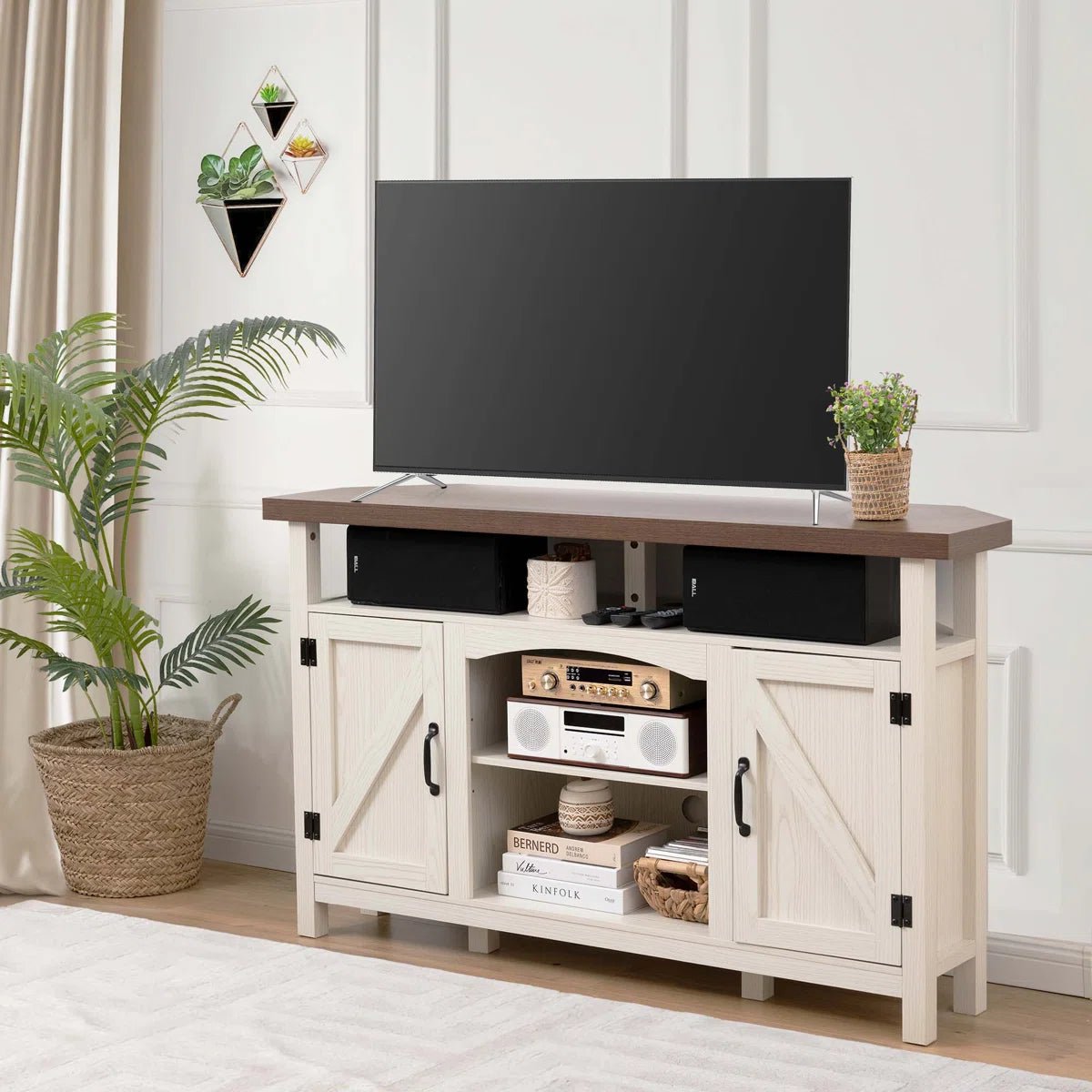 Farmhouse Corner TV Stand with USB Ports and Outlet Fit for TVs up to 60" - White/SW9702AJWR