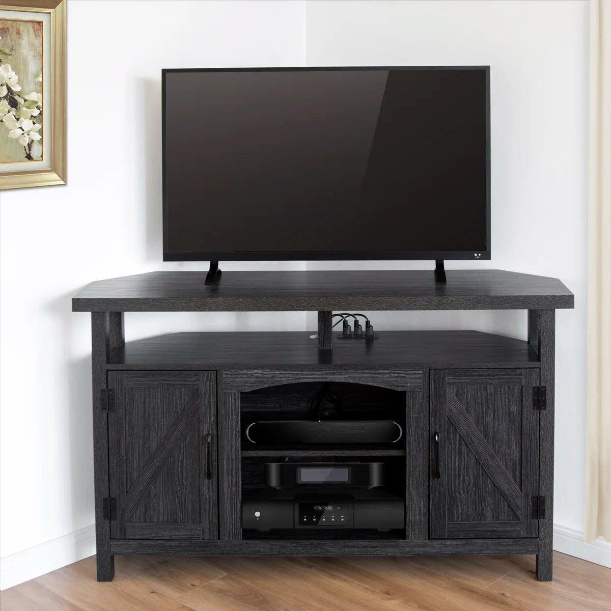 Farmhouse Corner TV Stand with USB Ports and Outlet Fit for TVs up to 60" - Black/SW9702AJEE