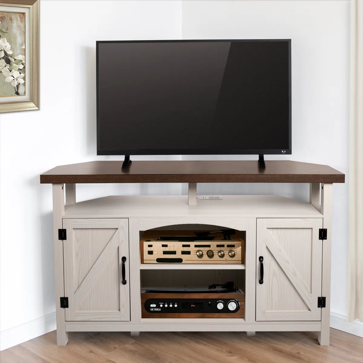 Farmhouse Corner TV Stand with USB Ports and Outlet Fit for TVs up to 60" - White/SW9702AJWR