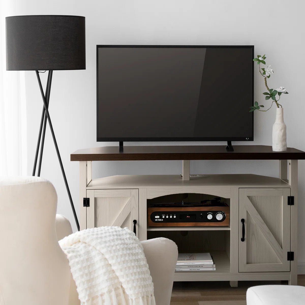 Farmhouse Corner TV Stand with USB Ports and Outlet Fit for TVs up to 60" - White/SW9702AJWR