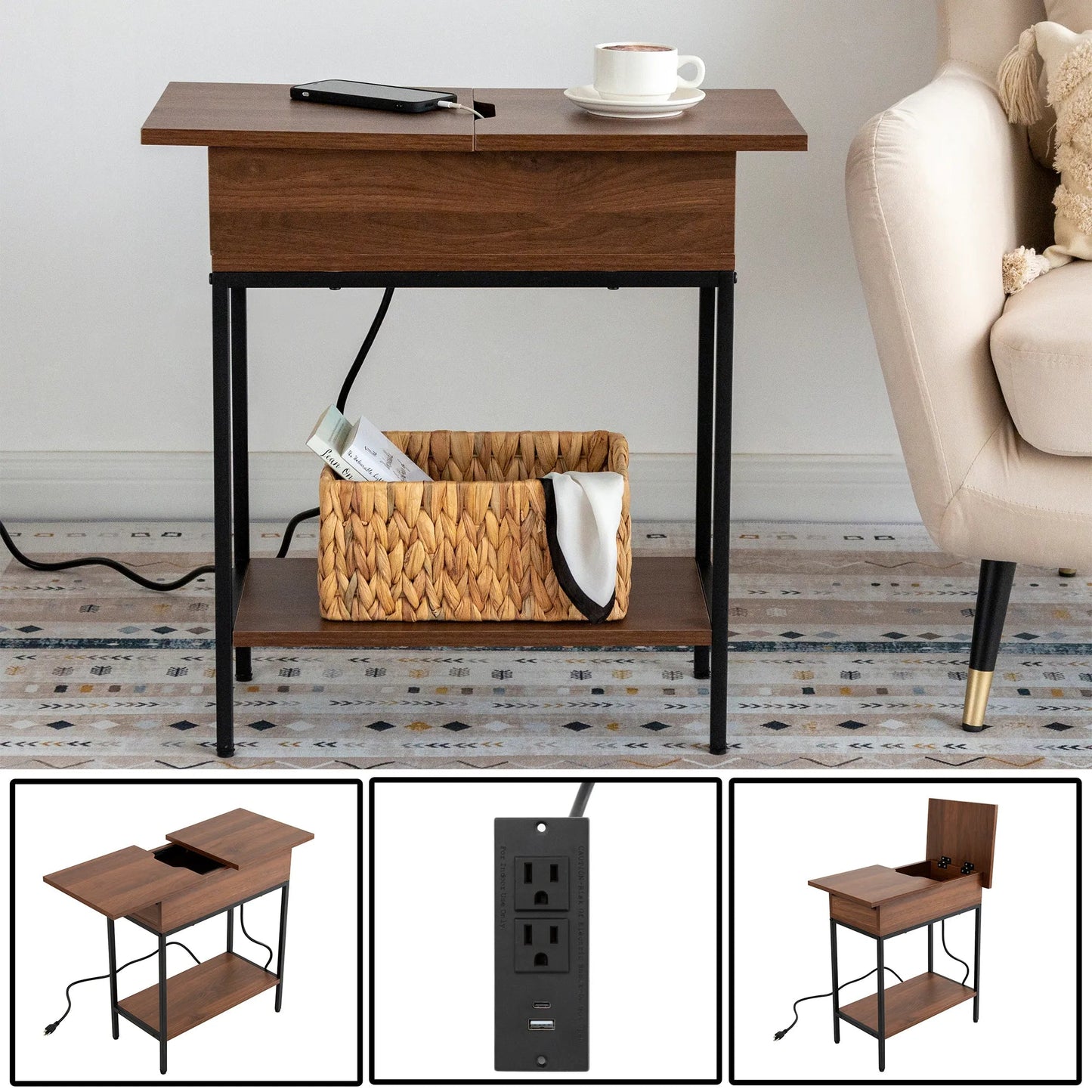 Industrial End Table with Charging Station – USB Ports & Power Outlet, Rustic Wood & Metal Design -Brown/SW9706AMNR