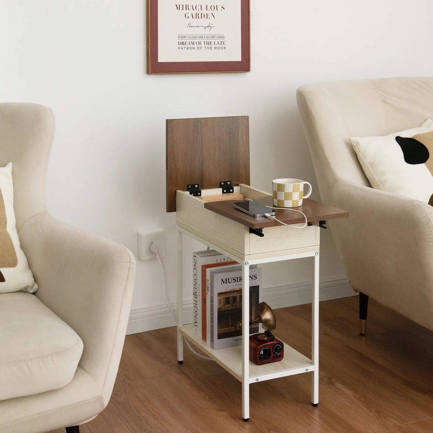 Industrial End Table with Charging Station – USB Ports & Power Outlet, Rustic Wood & Metal Design -Black/SW9706AMKA