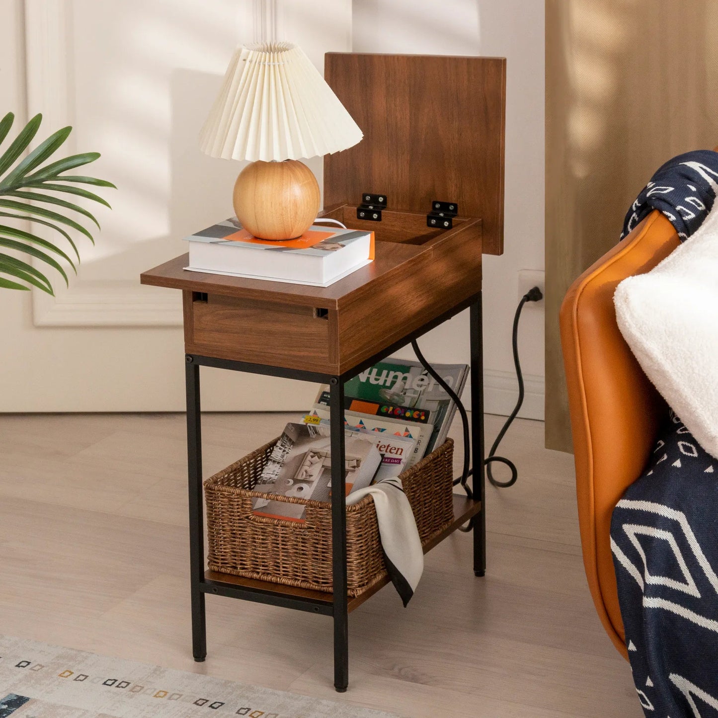 Industrial End Table with Charging Station – USB Ports & Power Outlet, Rustic Wood & Metal Design -Brown/SW9706AMNR