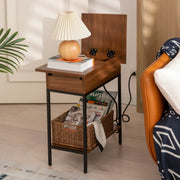 Industrial End Table with Charging Station – USB Ports & Power Outlet, Rustic Wood & Metal Design -Brown/SW9706AMNR