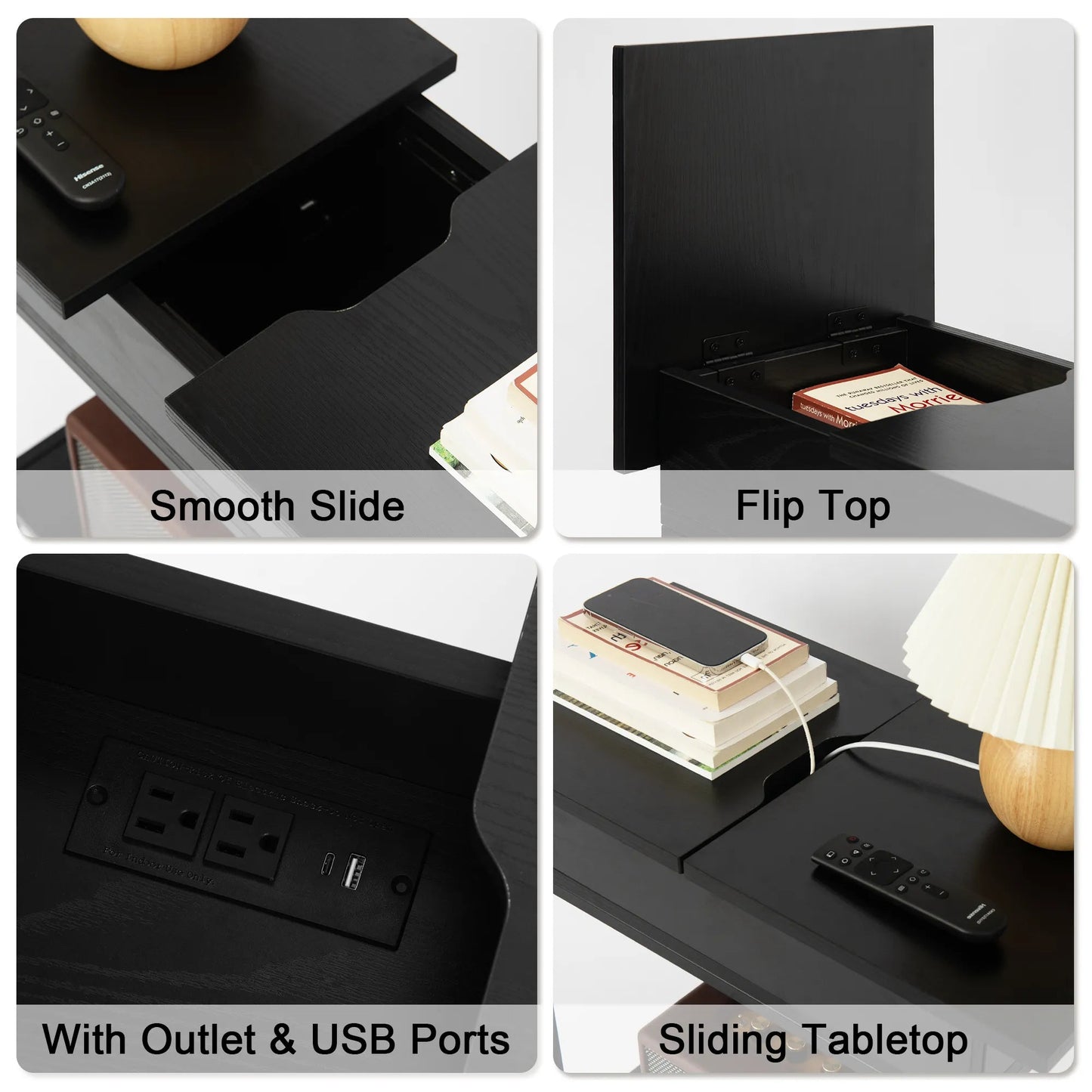Industrial End Table with Charging Station – USB Ports & Power Outlet, Rustic Wood & Metal Design -Black/SW9706AMKA
