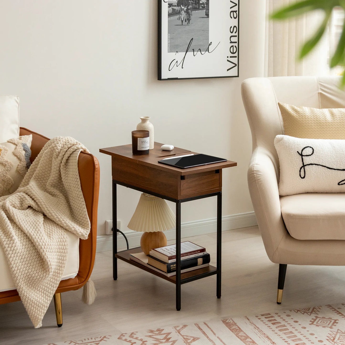 Industrial End Table with Charging Station – USB Ports & Power Outlet, Rustic Wood & Metal Design -Brown/SW9706AMNR