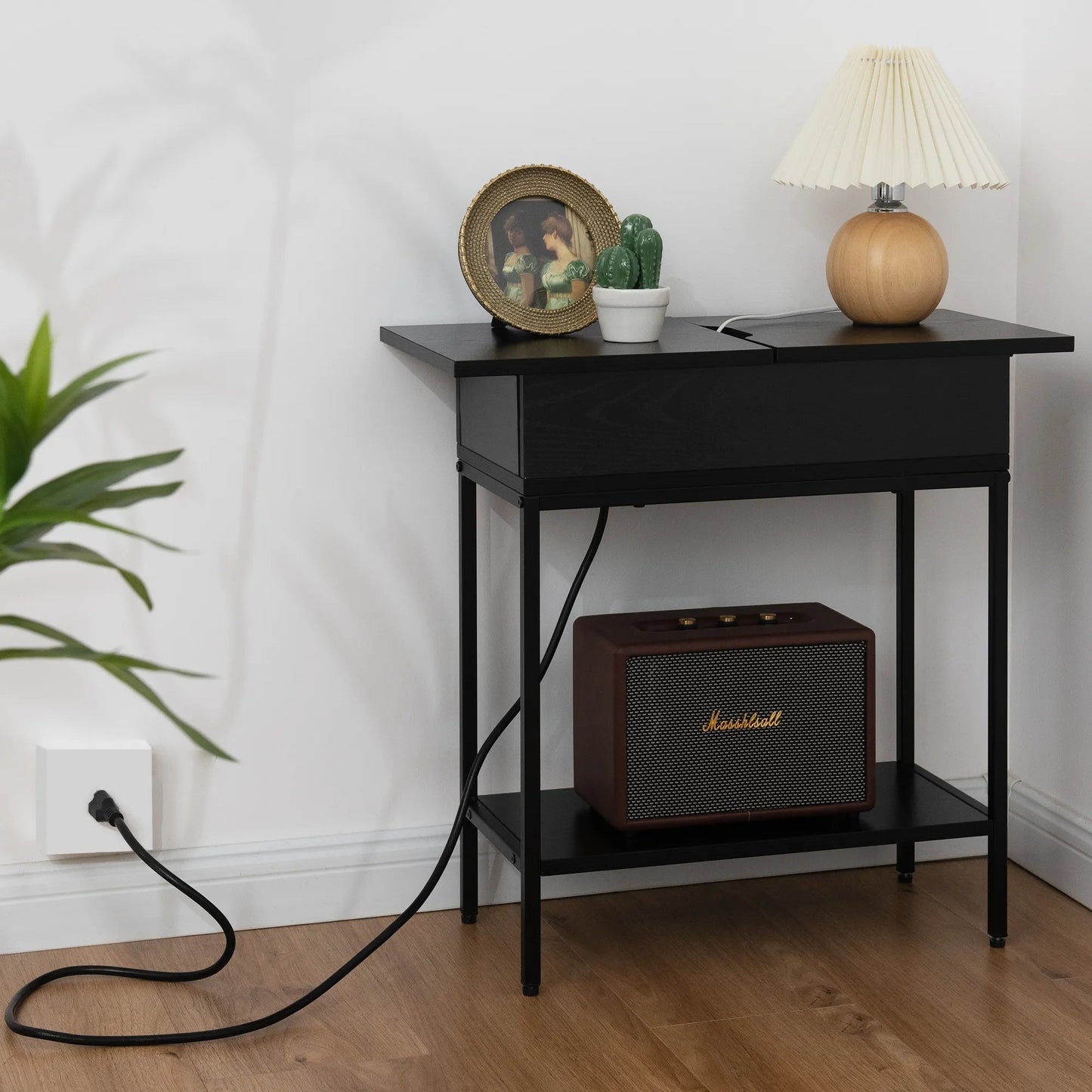 Industrial End Table with Charging Station – USB Ports & Power Outlet, Rustic Wood & Metal Design -Black/SW9706AMKA