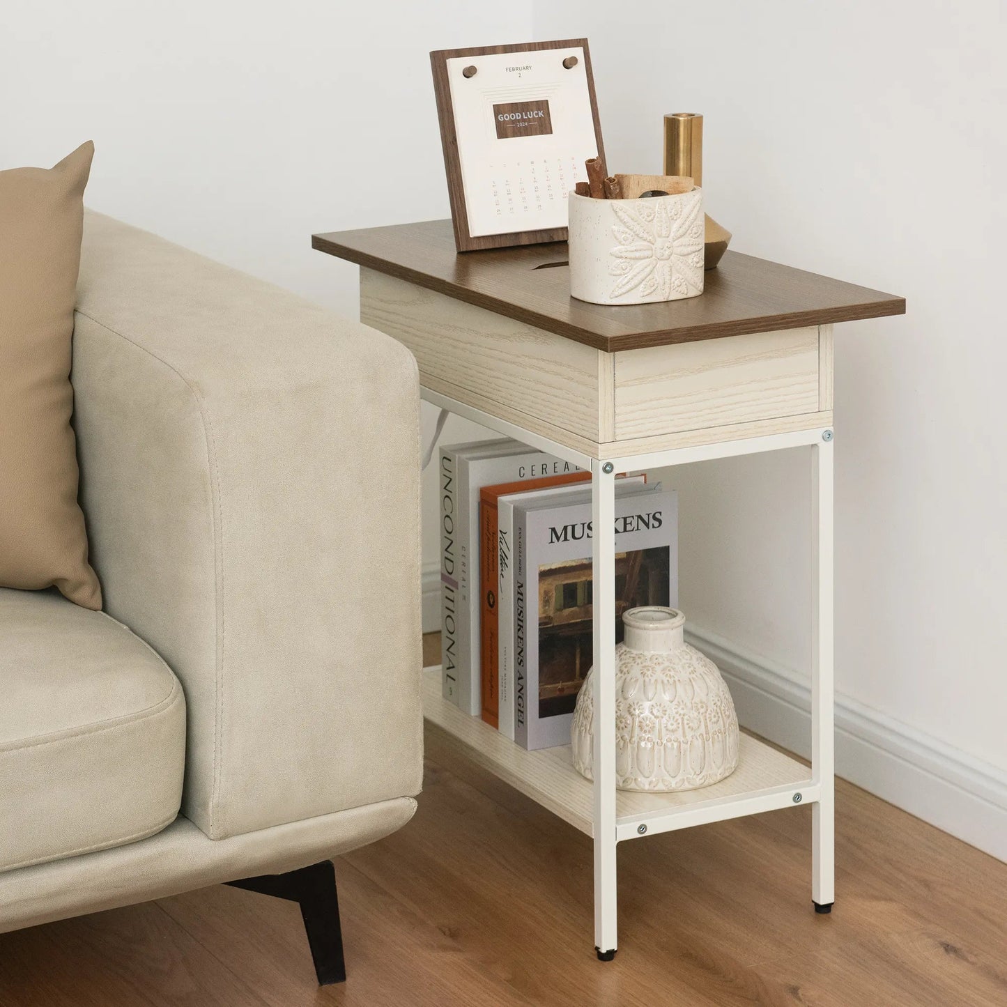 Industrial End Table with Charging Station – USB Ports & Power Outlet, Rustic Wood & Metal Design -Black/SW9706AMKA