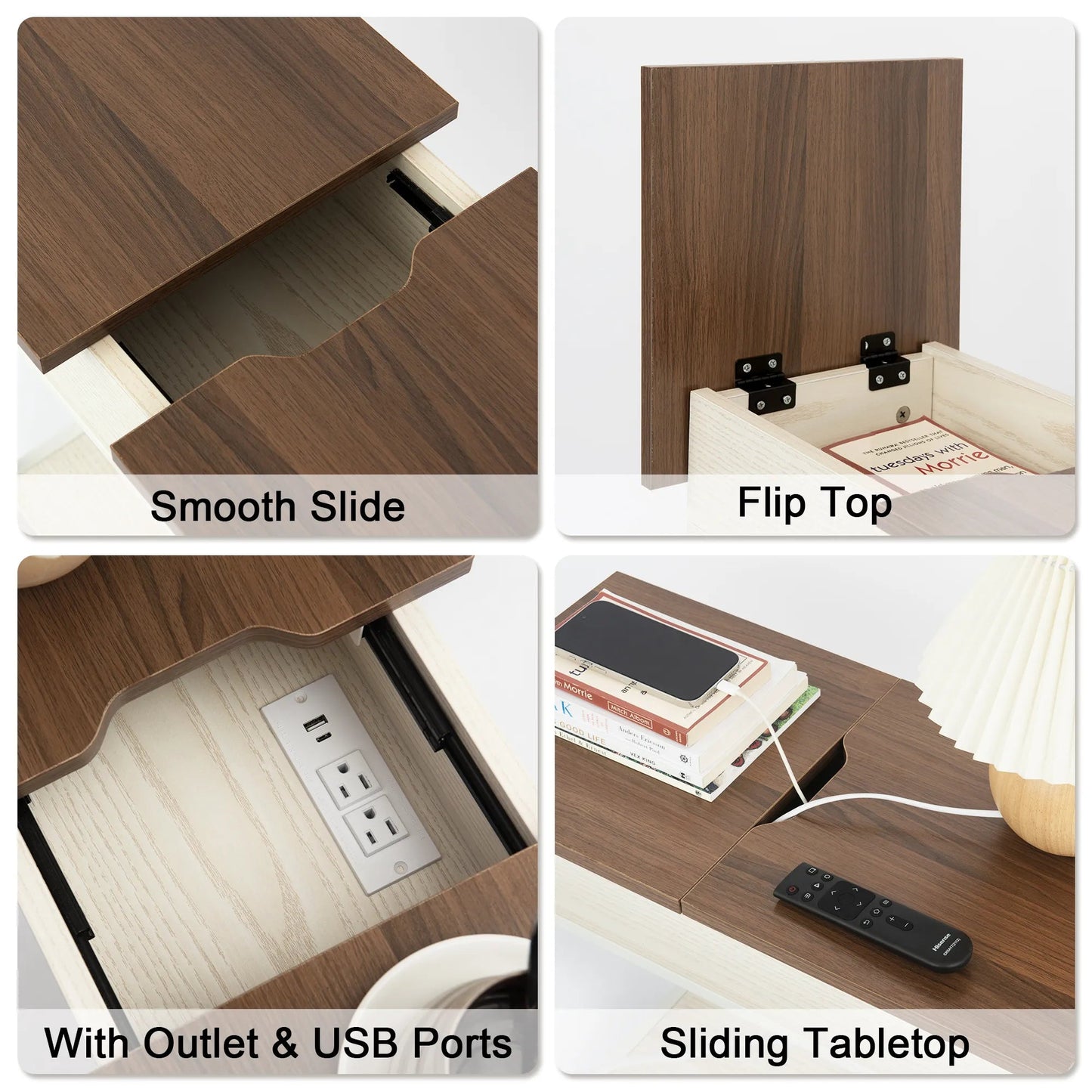 Industrial End Table with Charging Station – USB Ports & Power Outlet, Rustic Wood & Metal Design -Natural/SW9706AMM1