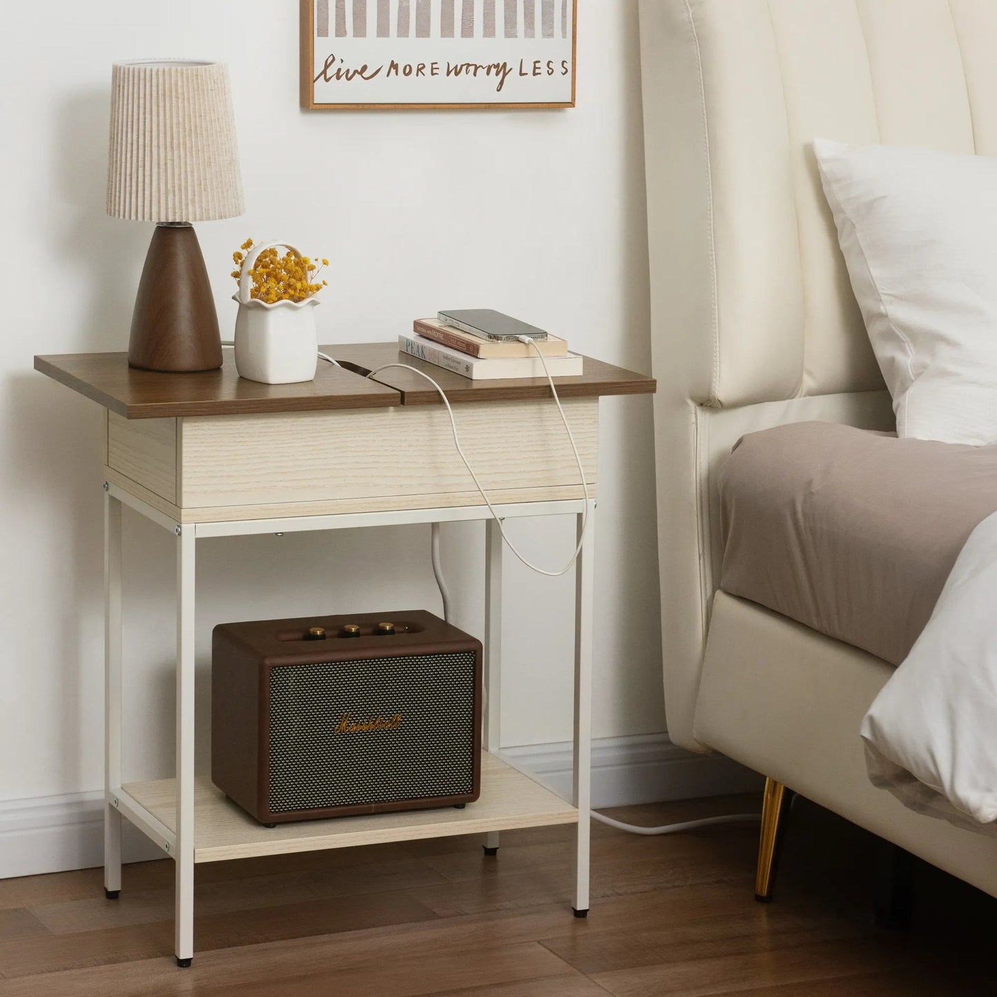 Industrial End Table with Charging Station – USB Ports & Power Outlet, Rustic Wood & Metal Design -Black/SW9706AMKA