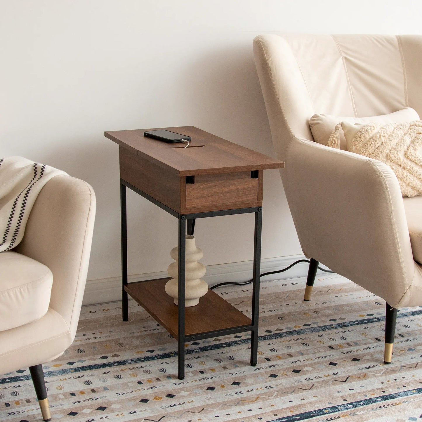 Industrial End Table with Charging Station – USB Ports & Power Outlet, Rustic Wood & Metal Design -Brown/SW9706AMNR