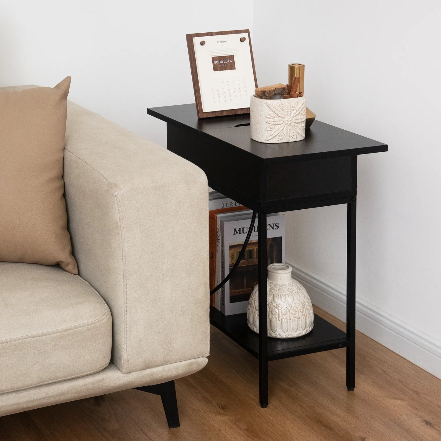 Industrial End Table with Charging Station – USB Ports & Power Outlet, Rustic Wood & Metal Design -Black/SW9706AMKA