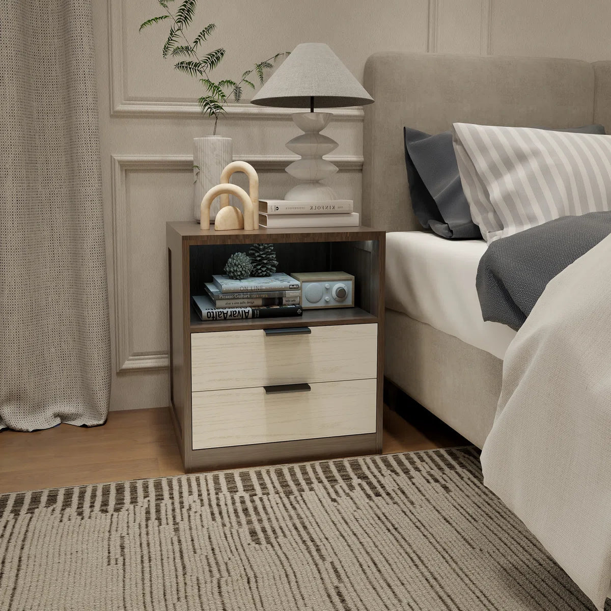 LED Wood Nightstand with 2 Drawers - Black/SW9707ALNH