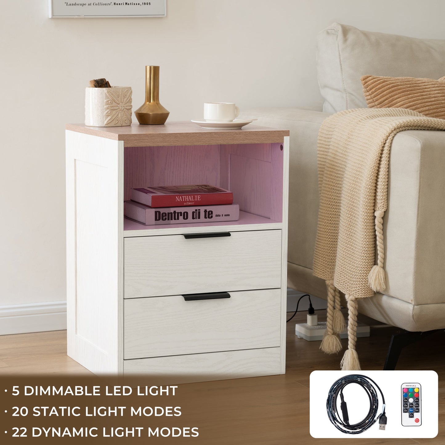 LED Wood Nightstand with 2 Drawers - White/SW9707ALWT