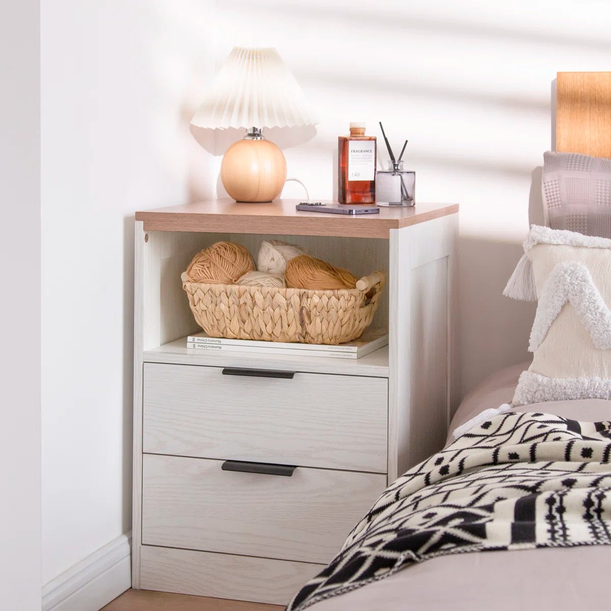 LED Wood Nightstand with 2 Drawers - White/SW9707ALWT