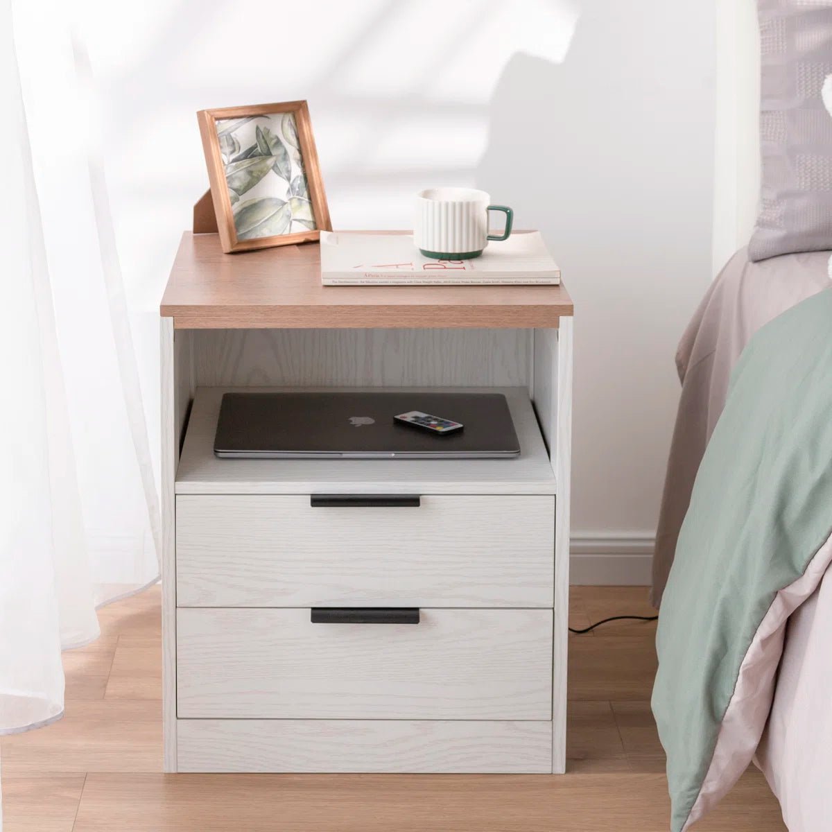 LED Wood Nightstand with 2 Drawers - White/SW9707ALWT