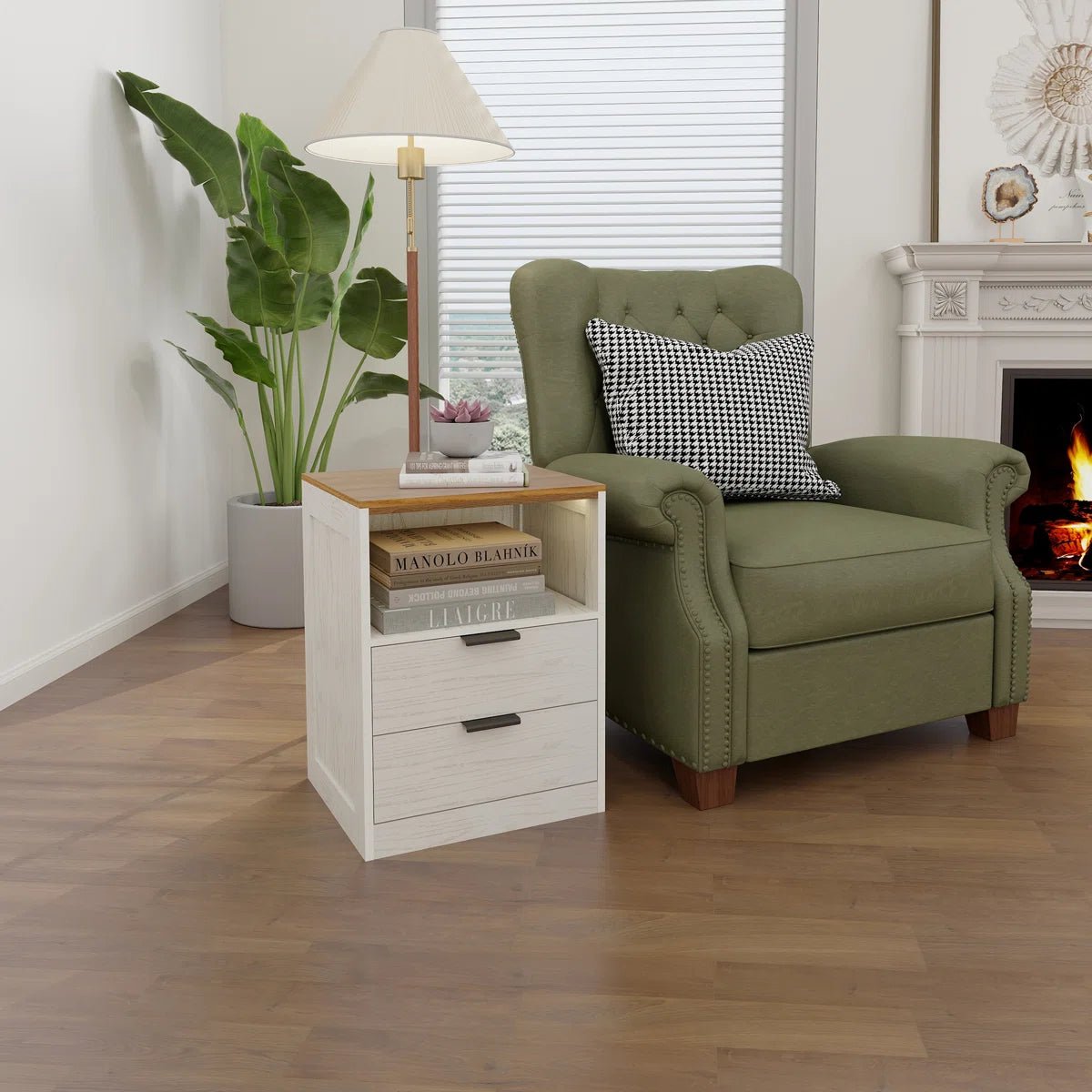 LED Wood Nightstand with 2 Drawers - White/SW9707ALWT