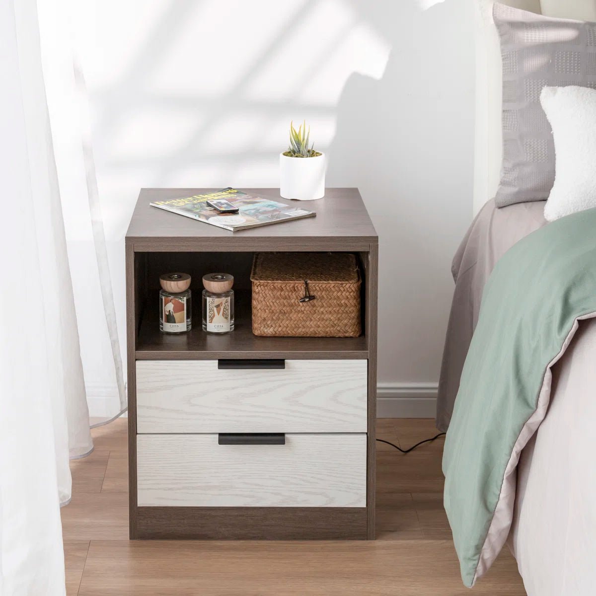 LED Wood Nightstand with 2 Drawers - Black/SW9707ALNH