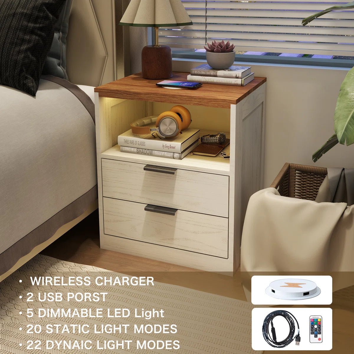 LED Wood Nightstand with Charging Station - White/SW9707CLWT